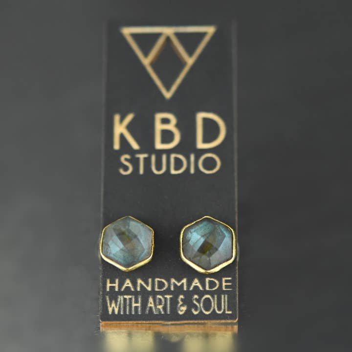 KBD Studio - Wholesale Stud/Post Earrings - Semi Precious Hexagon Gemstone Studs (8mm gold)15