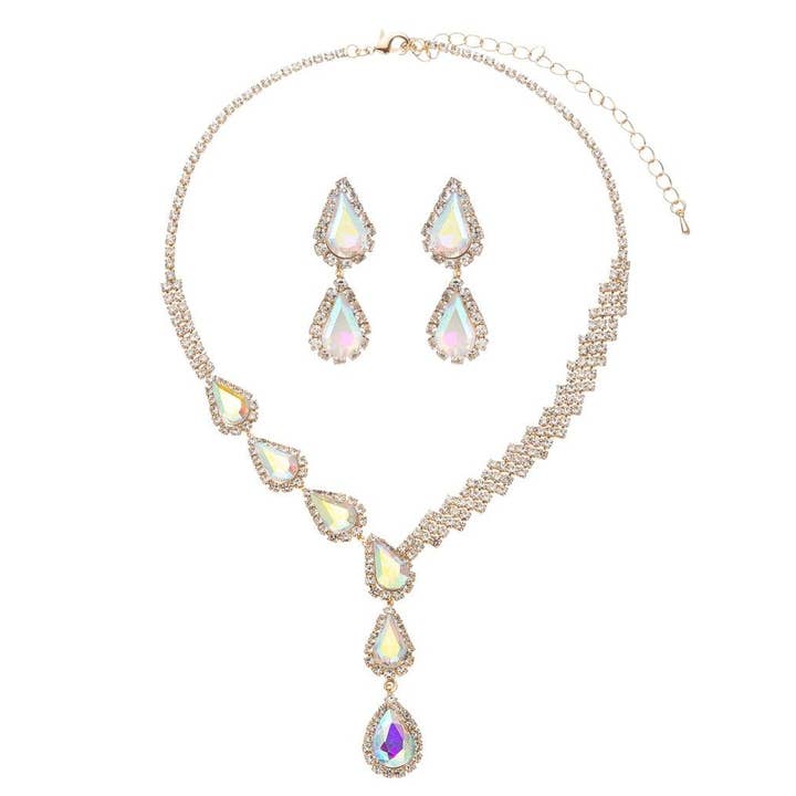 Ensemble collier et boucles d'oreilles en forme de goutte d'eau en or Aurora Borealis pour la vente par Cool Crystals