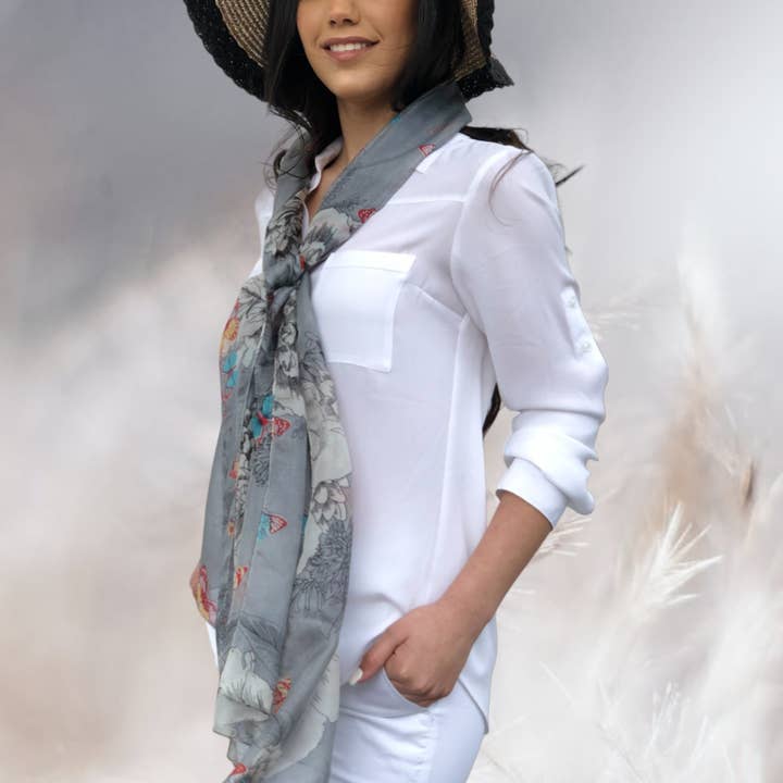 Rayz Intl - Wholesale Scarf - Women's - Gray Butterfly Silk Scarf
