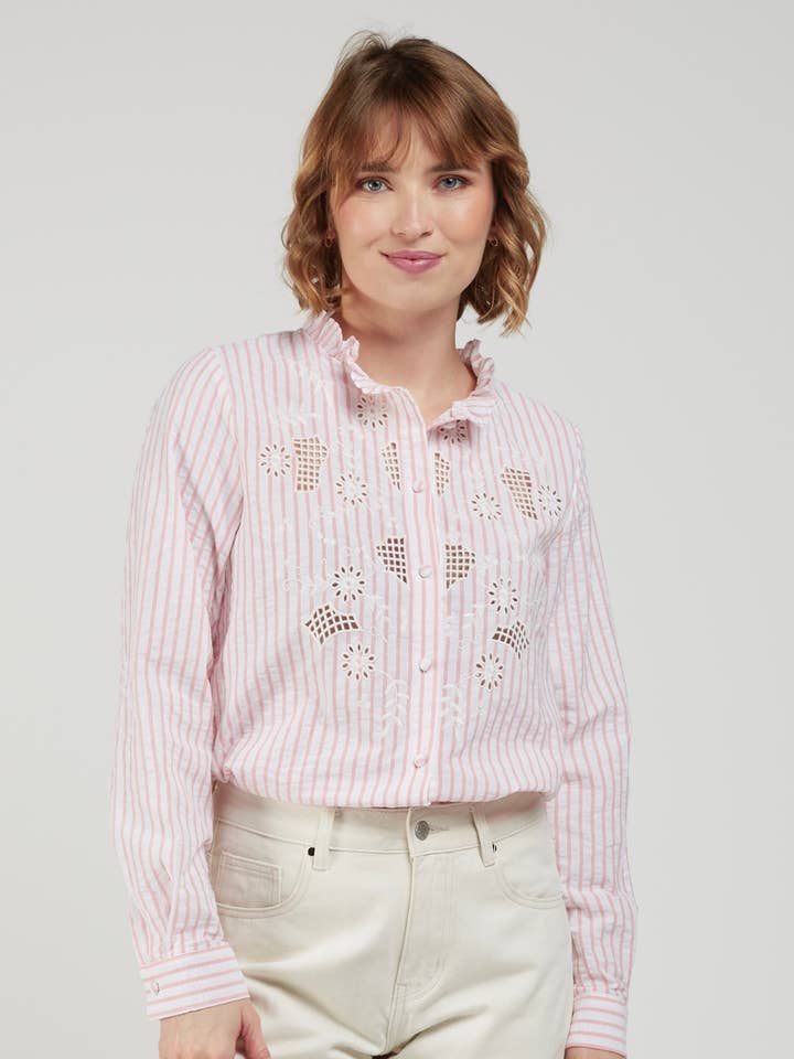 DOLORES - Chemisier Rayé et Brodé - 100% Coton pour la vente par Andy & Lucy