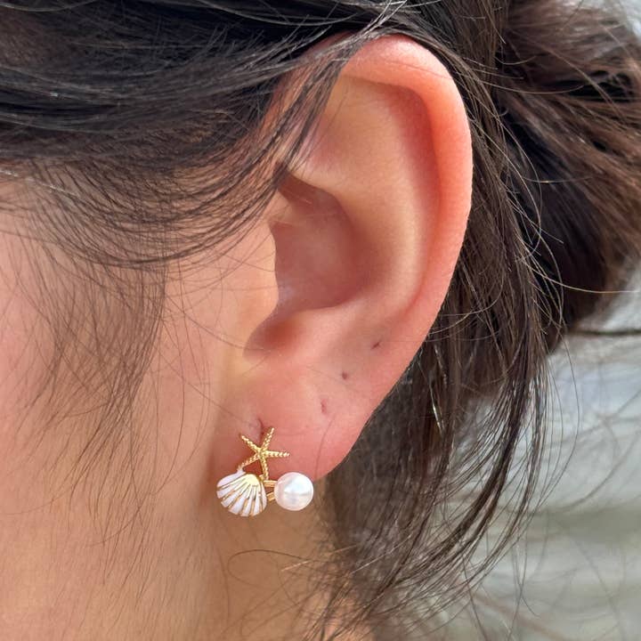 Ocean Ripples - Wholesale Stud/Post Earrings - 14ct Gold Plated Mismatch Starfish Shell Earrings