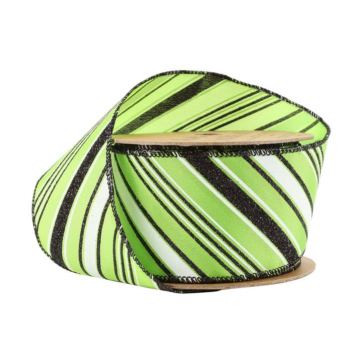 Ruban câblé 2 1/2" | Rayure de bonbon sur fond vert | Rouleau de 10 yards pour la vente par LA Ribbons Wholesale