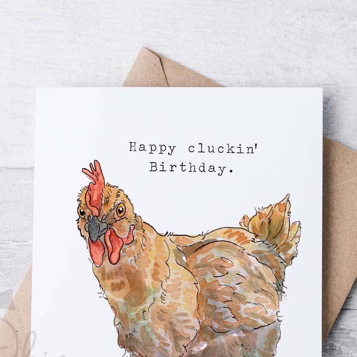 Sassy Chicken "Happy Cluckin' Birthday." 5x7" Greeting Card for wholesale by Okie Watercolors