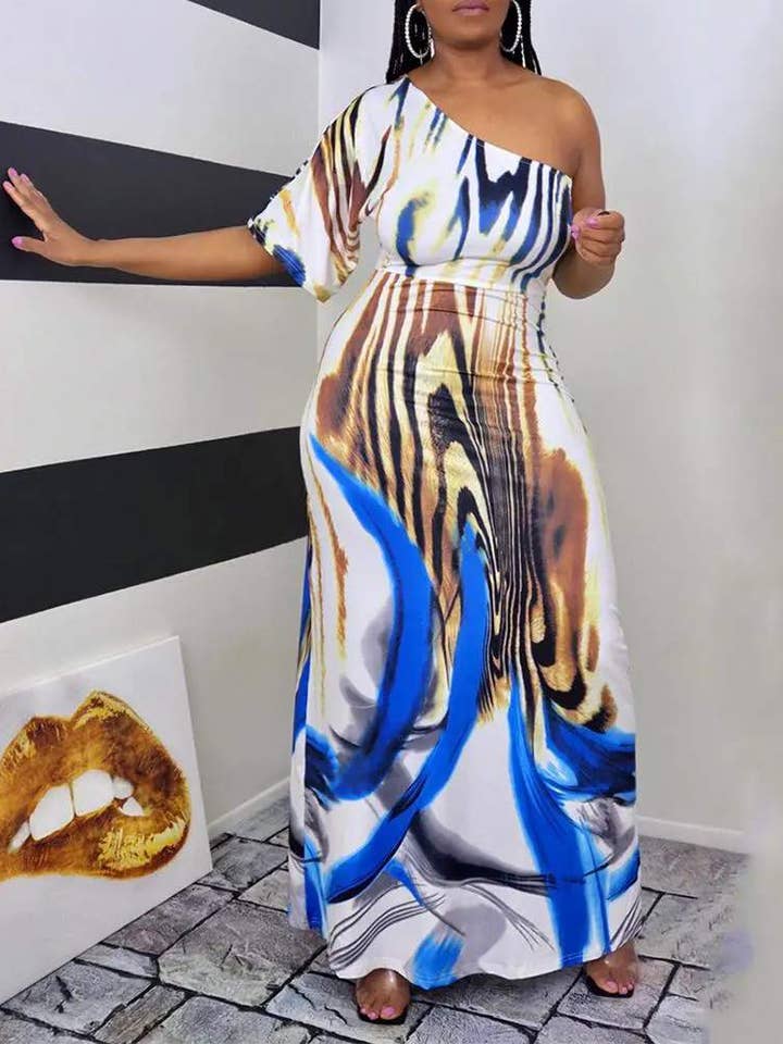 vestido maxi estampado com estampa animal de um ombro por atacado de Queen Fashion