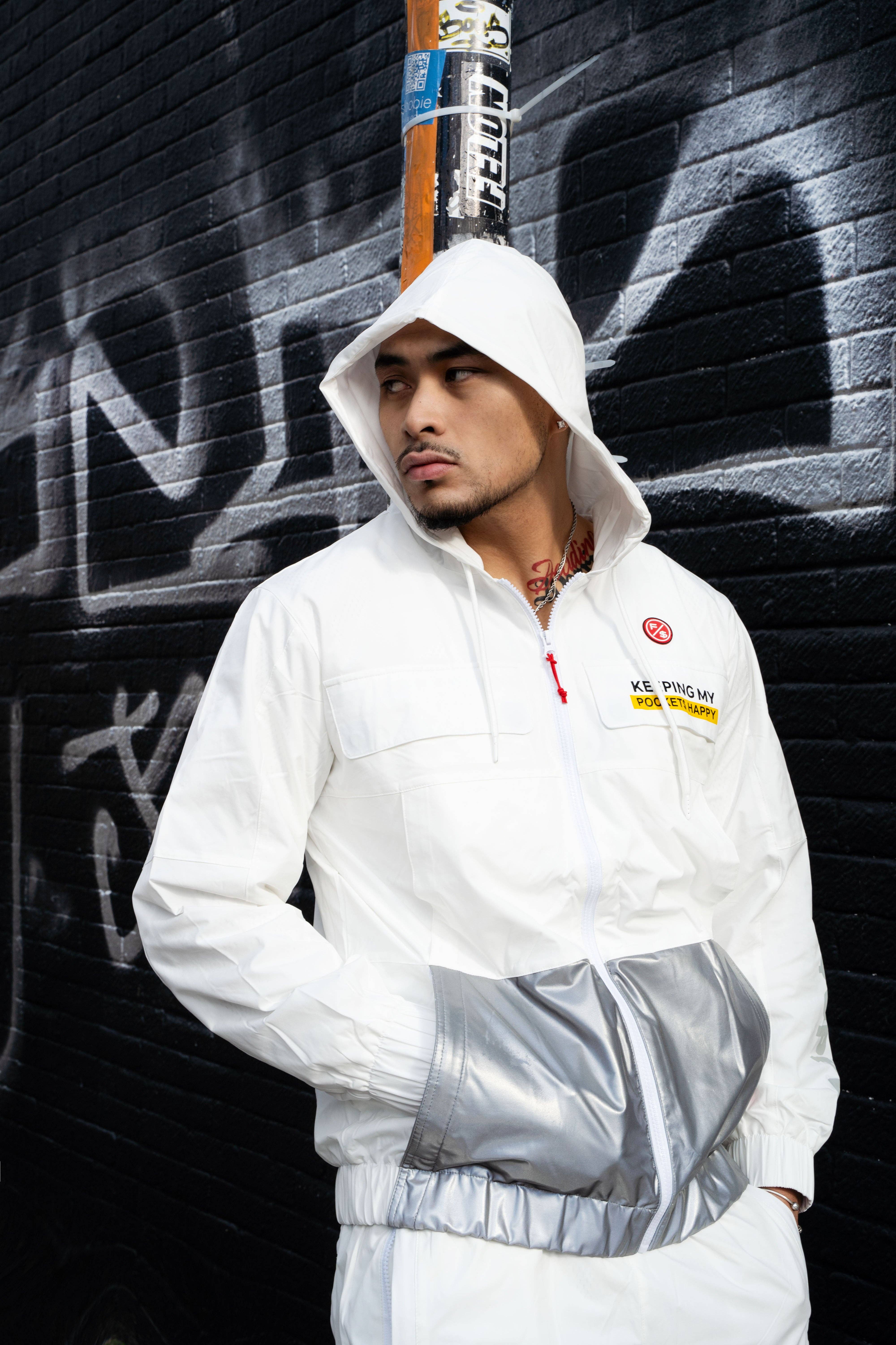 White Happy Pockets Windbreaker Zip-Up Jacket (White) for wholesale on Faire3