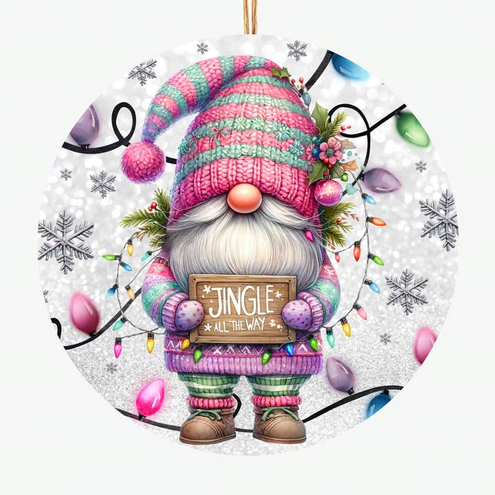 Colorful Gnome "Jingle All the Way" Christmas Ornament – Festive Ceramic Holiday Decor – Cute Scandinavian Gnome with Lights and Snowflakes for wholesale by Epic Life - Designed