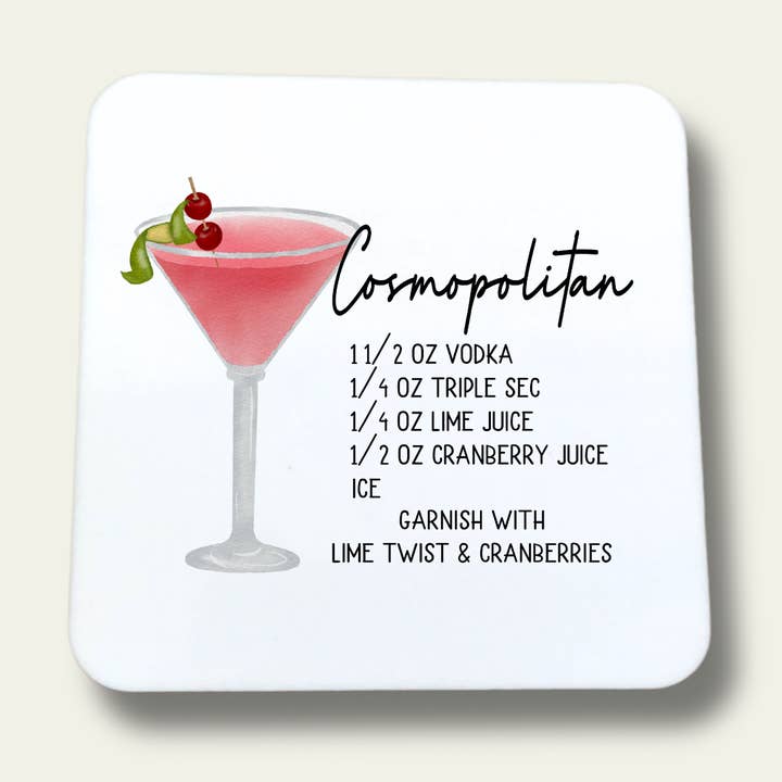 Sous-verre à cocktail, sous-verre à recettes Cosmopolitan, ustensiles de bar roses pour la vente par Colorful Creek Studio