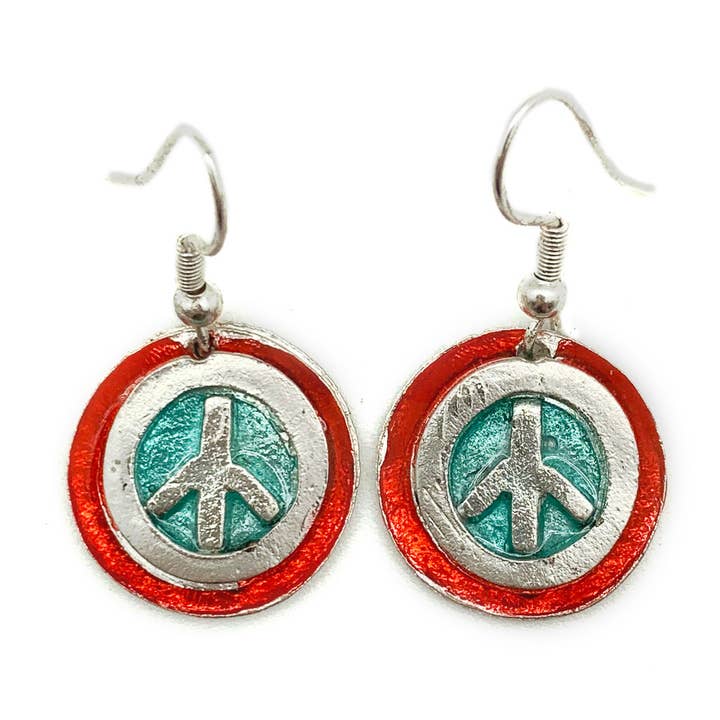 Pendientes de peltre con esmalte de color - Rojo/Aqua Peace Signo para venta al por mayor de Anju Jewelry