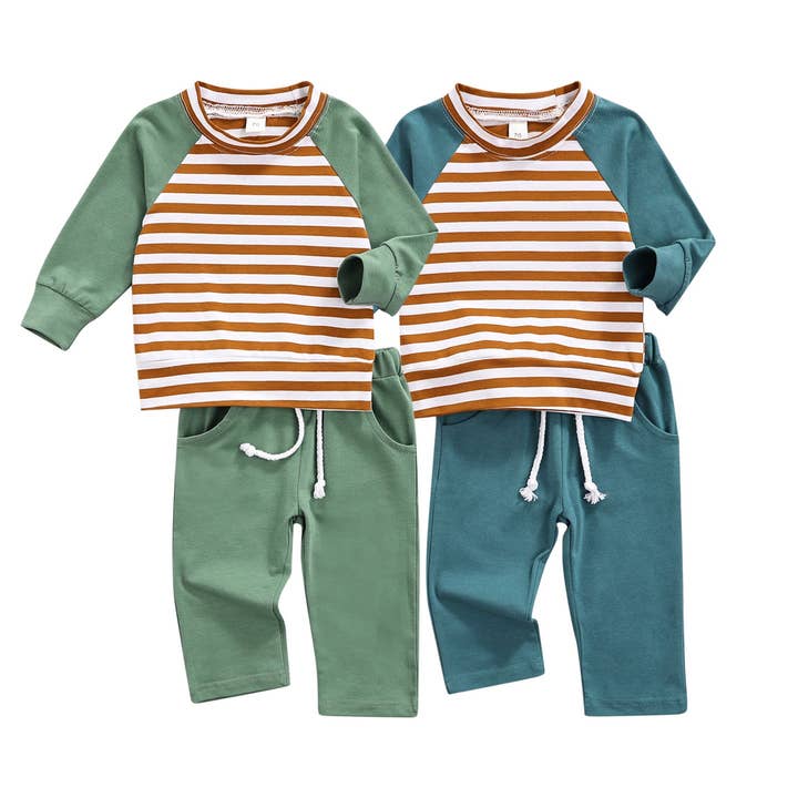 Conjuntos de Sudaderas con Capucha de Diseño de Contraste de Patrón a Rayas para Bebé con Pantalones Sólidos. para venta al por mayor de MyKids-USA®