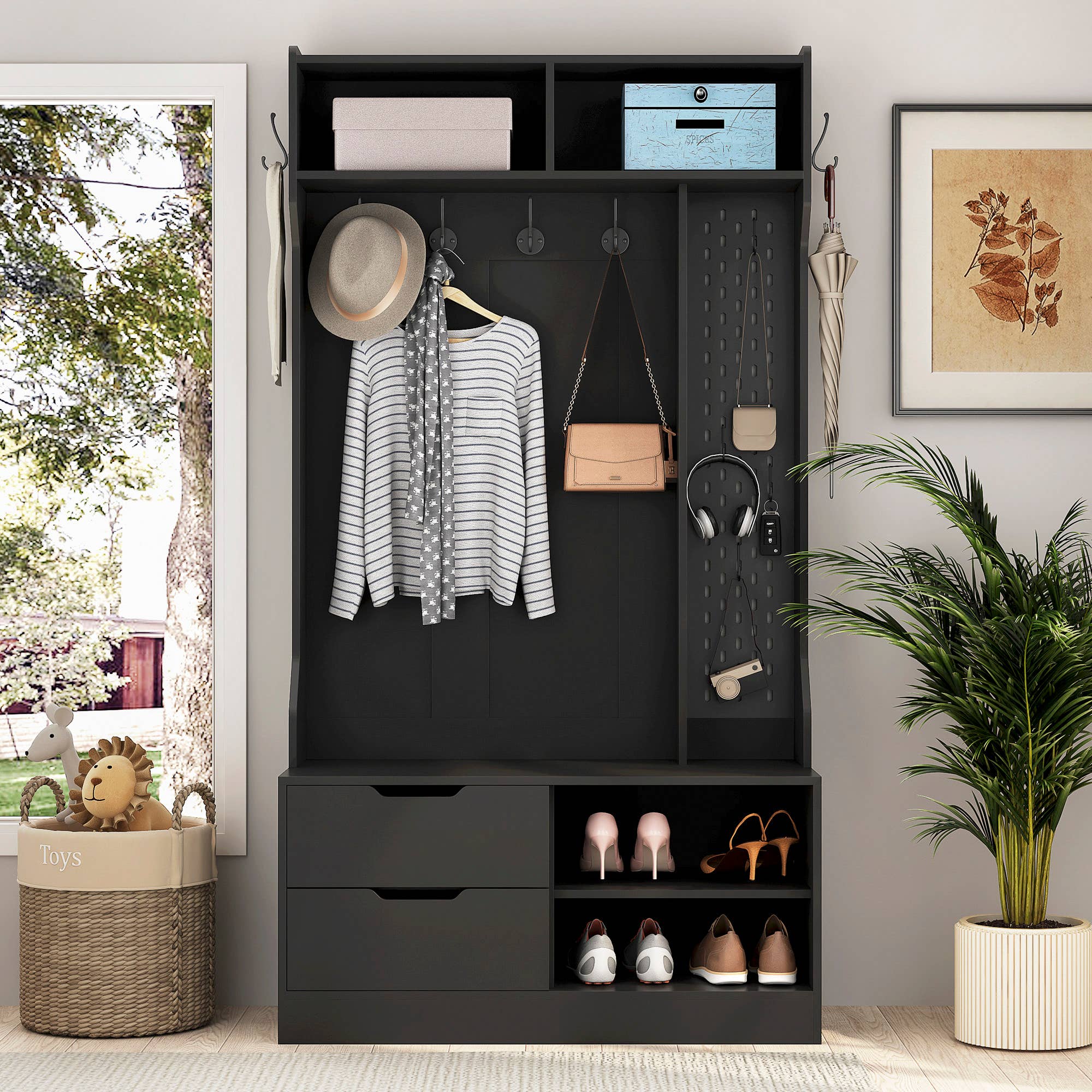 39F Inc. - Vente Étagères à chaussures - Portemanteau avec 6 crochets, banc d'entrée, noir/marron16