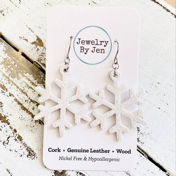 Jewelry By Jen - Wholesale Dangle Earrings - Snowflake Earrings: White Fine Glitter