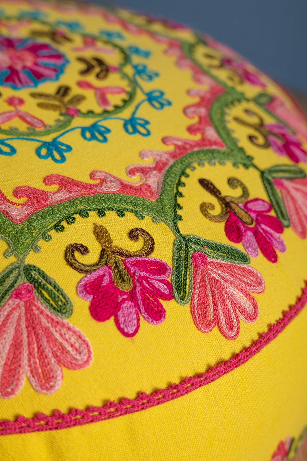 Ian Snow Ltd - Wholesale Pouf - Floral on Yellow Embroidered Pouffe3