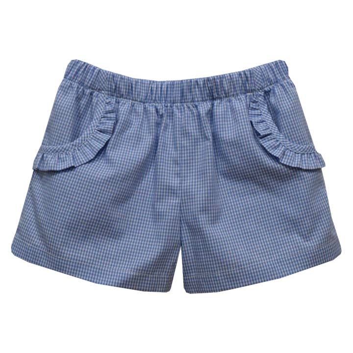 Blue Mini Check Girls Short With Ruffle Pockets for wholesale by Vive La Fete