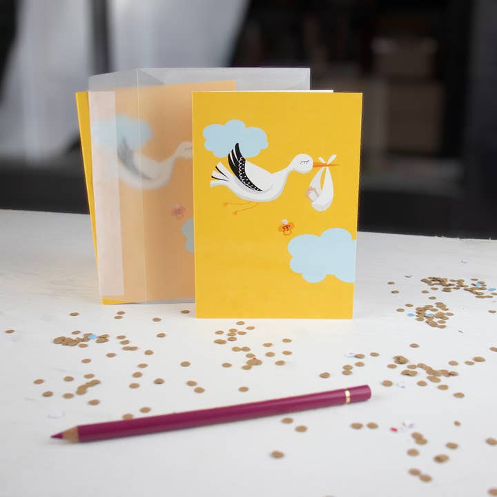 Geboorte wenskaart met ooievaar en baby voor wholesale door Printe