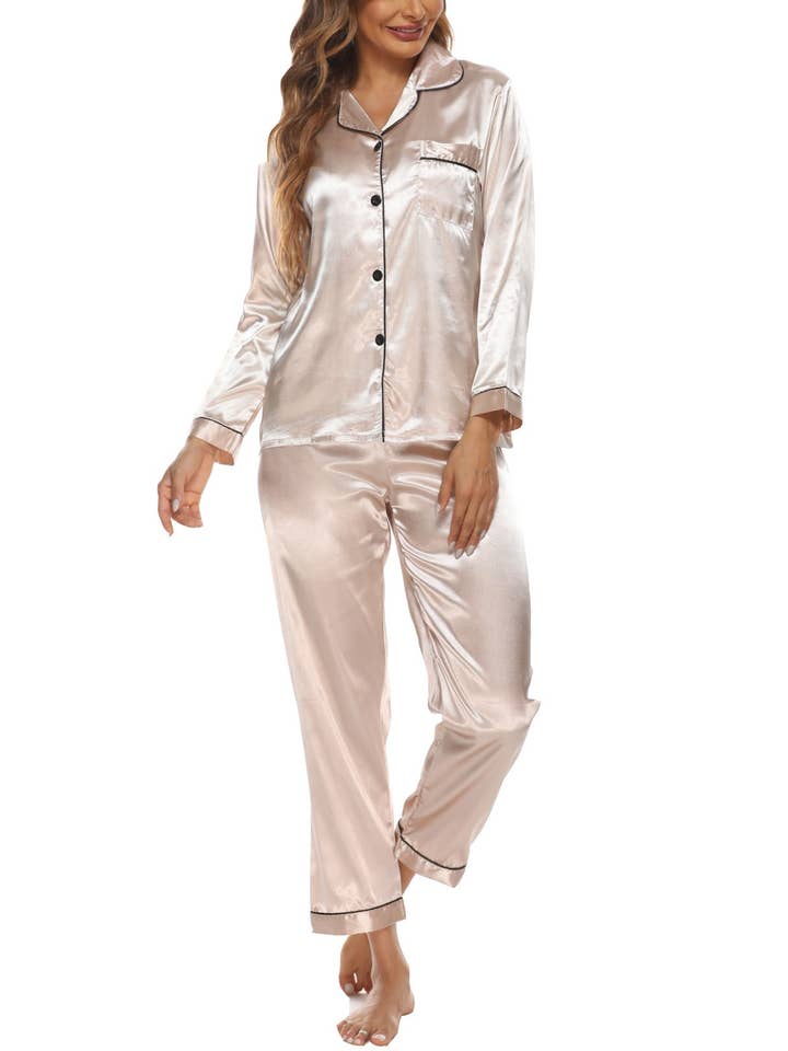 Soft Plain Satin Button Up Long Sleeve Pajama Set for wholesale by Rosa Clothing
