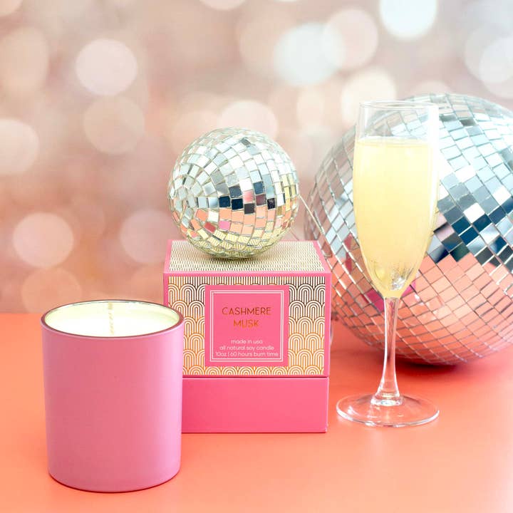 Mod Lounge Paper Company - Wholesale Jar/Filled Candle - Pink and Gold Cashmere Musk Mid Century Foil Boxed Candle