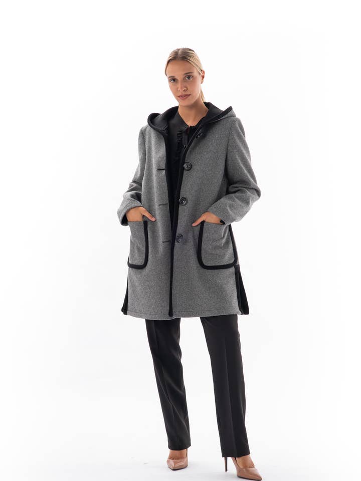 Tweed Coat Grey Hood Large Buttons for wholesale by VIDAL MODES