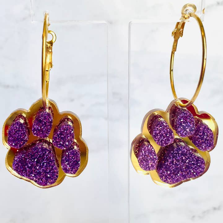 Louie Love - Wholesale Hoop Earrings - Purple & Gold Football Sports Paw Hoop Earrings