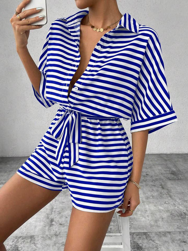 Comely Fashion - Wholesale Romper - Women's - Striped Buttons Up Summer Romper with Belt18