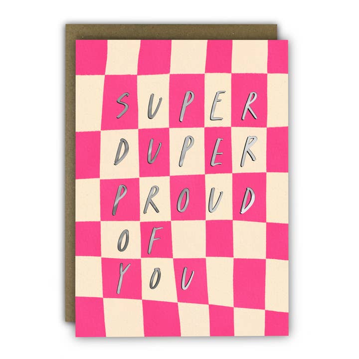Silver Foil Proud Congratulations Card - Pink Checkerboard for wholesale by RUNNING WITH SCISSORS - USA SHIPPED DDP - WE PAY DUTIES