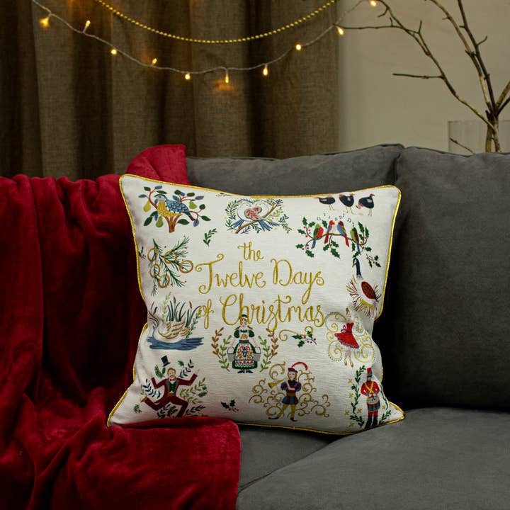 12 Days of Xmas Embroidered Cushion Gold for wholesale on Faire5
