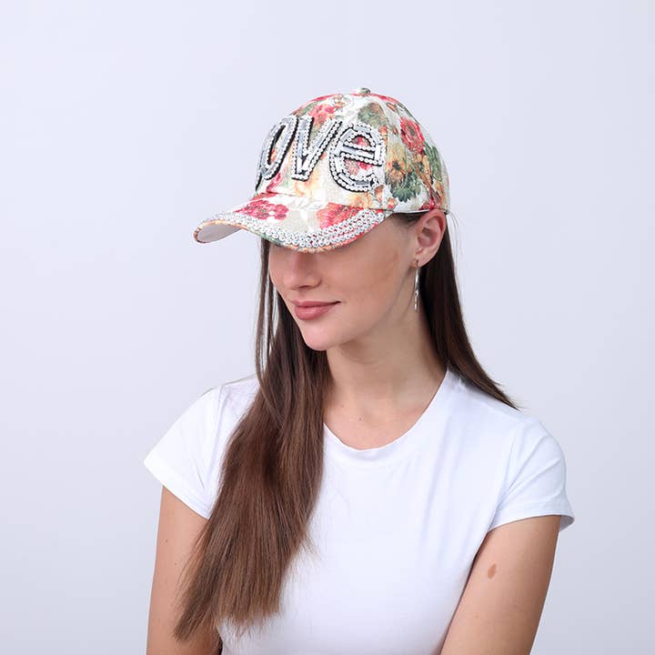 VIA FIORE Love Floral Rhinestone Baseball Cap for wholesale by VIA FIORE