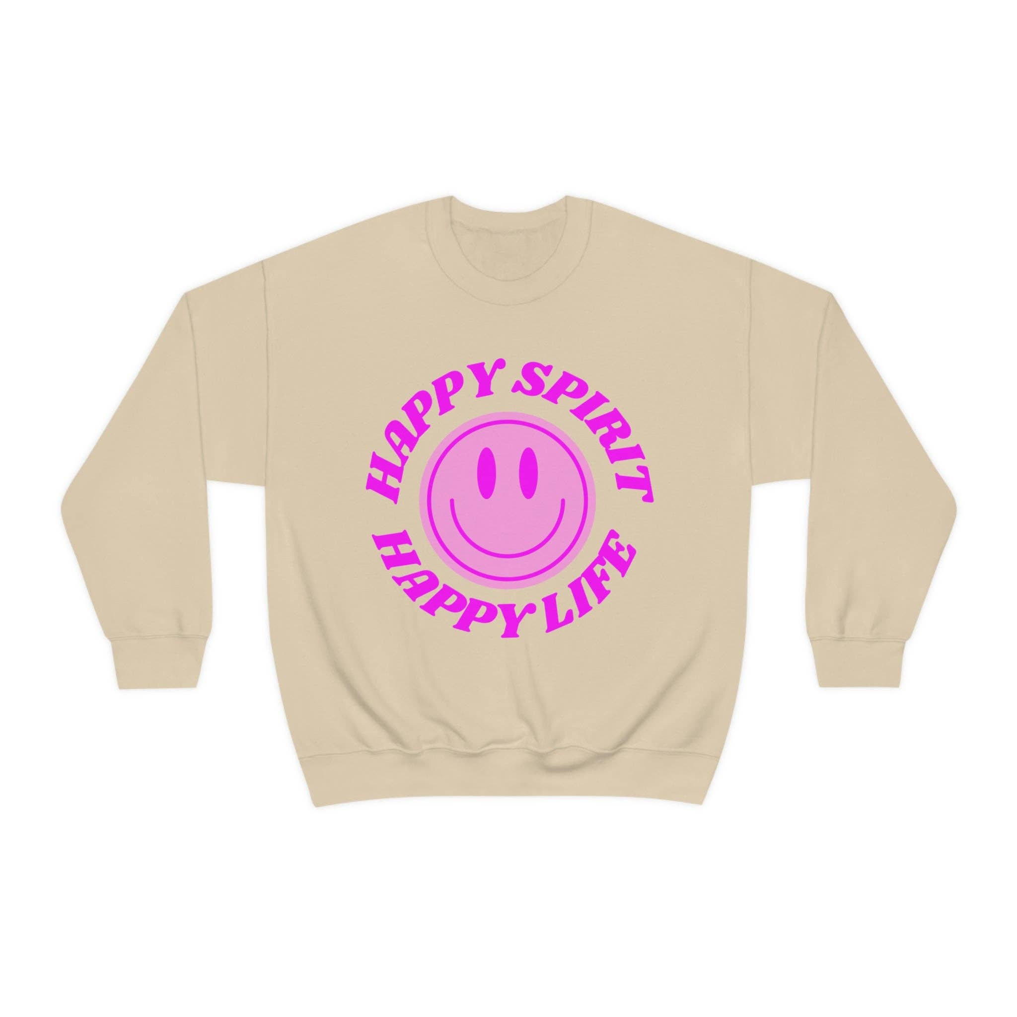 Happy Life Stuff - Wholesale Graphic Sweatshirt - Women's - Happy Spirit Happy Life Sweatshirt, VSCO Girl Crewneck, Oversized Retro Font Graphic Tumblr, Front Print Smile Face Trendy Cover Up6