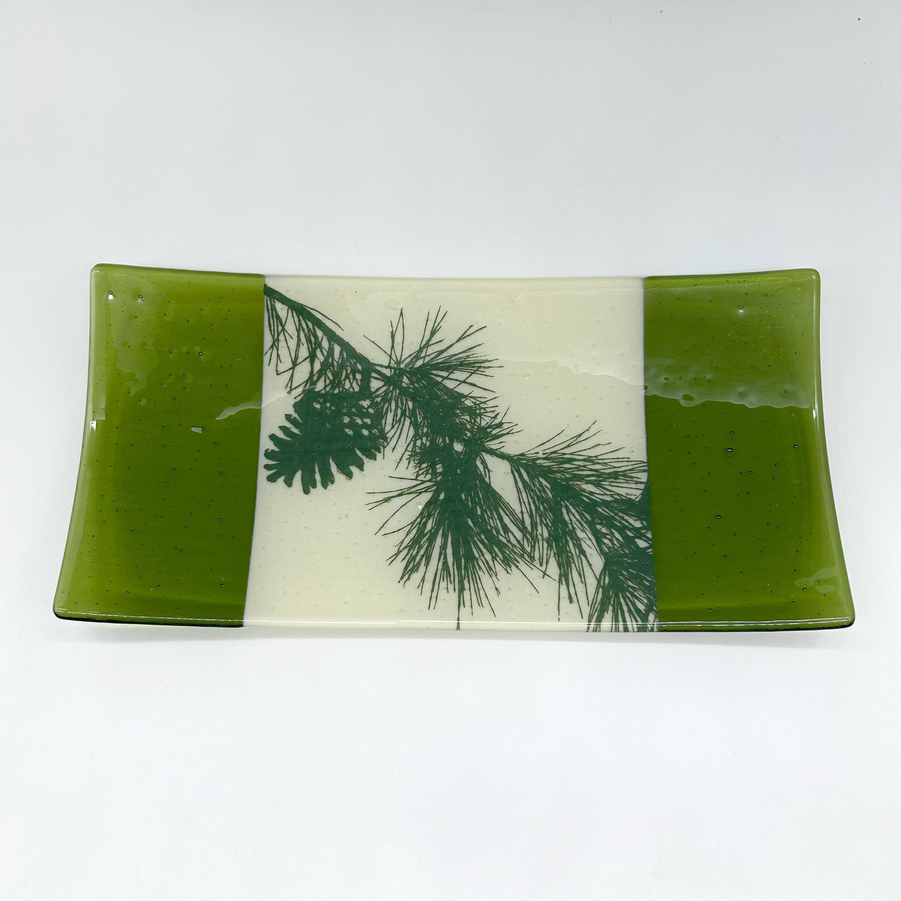 Kiku Handmade | Contemporary Fused Glass Home Goods - Wholesale Platter - Pine Bough 15" Long Fused Glass Serving Platter2