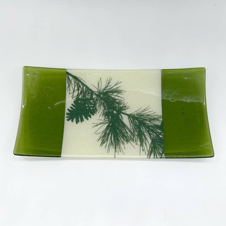 Kiku Handmade | Contemporary Fused Glass Home Goods - Wholesale Platter - Pine Bough 15" Long Fused Glass Serving Platter2