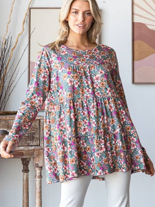 DUSTY TEAL ET7001-12 LONG SLEEVE FLORAL PRINT TIRED TOP for wholesale on Faire