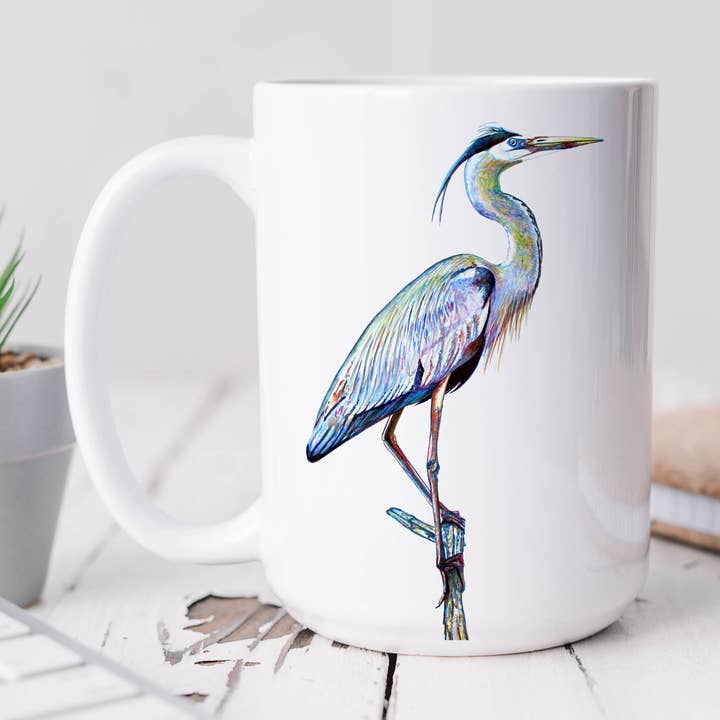 Blå hejre på gren akvarel kunstværk 15 oz keramikkrus for engroshandel hos The Ship's Hold