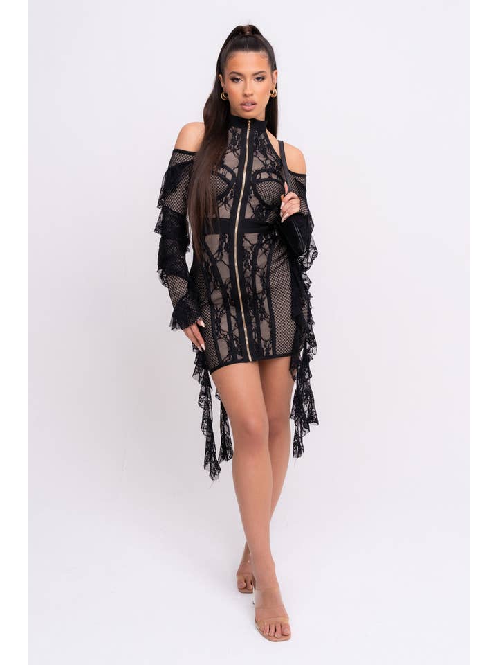 Nazz Collection Clothing Ltd – wholesale Dress – Women's – Stormy VIP Luxe Black and Nude Ruffle Lace Bandage Bodycon Dress6