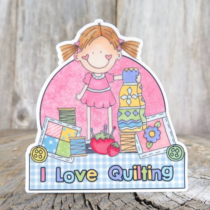 I Love Quilting Sticker Waterproof Pink Blue Country Style Gingham Full Color Waterproof Sewing Lady Crafty for wholesale by Kirk's Krafts