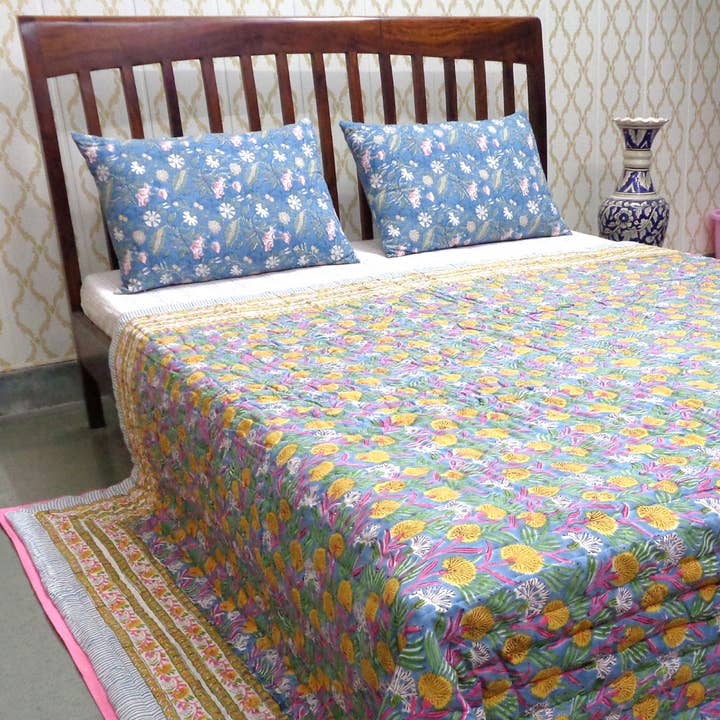 Ayras World - Wholesale Quilt - Dandelion Hand Quilted Reversible Block Print Quilt6