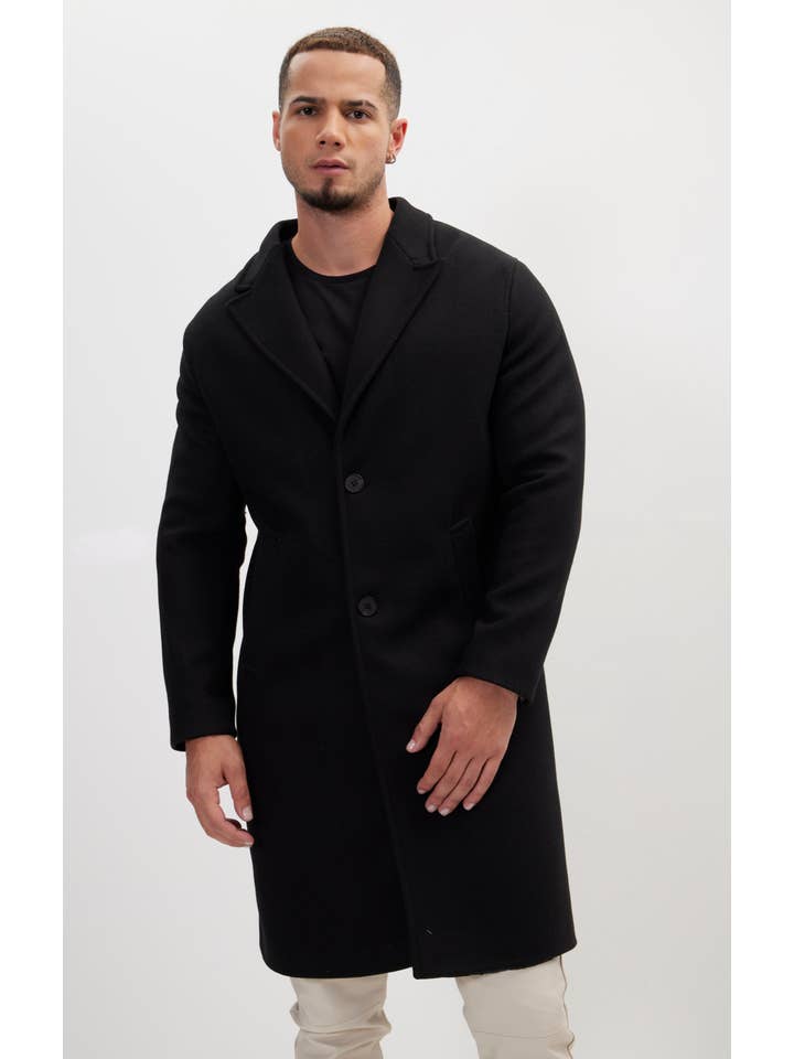 Men's Long Fitted Pea Coat With Notch Lapel - Black for wholesale on Faire