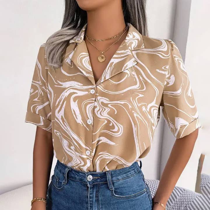 SUIT COLLAR CONTRAST COLOR SHORT SLEEVE SHIRT_CWTSTS0224 for wholesale by Lily Clothing