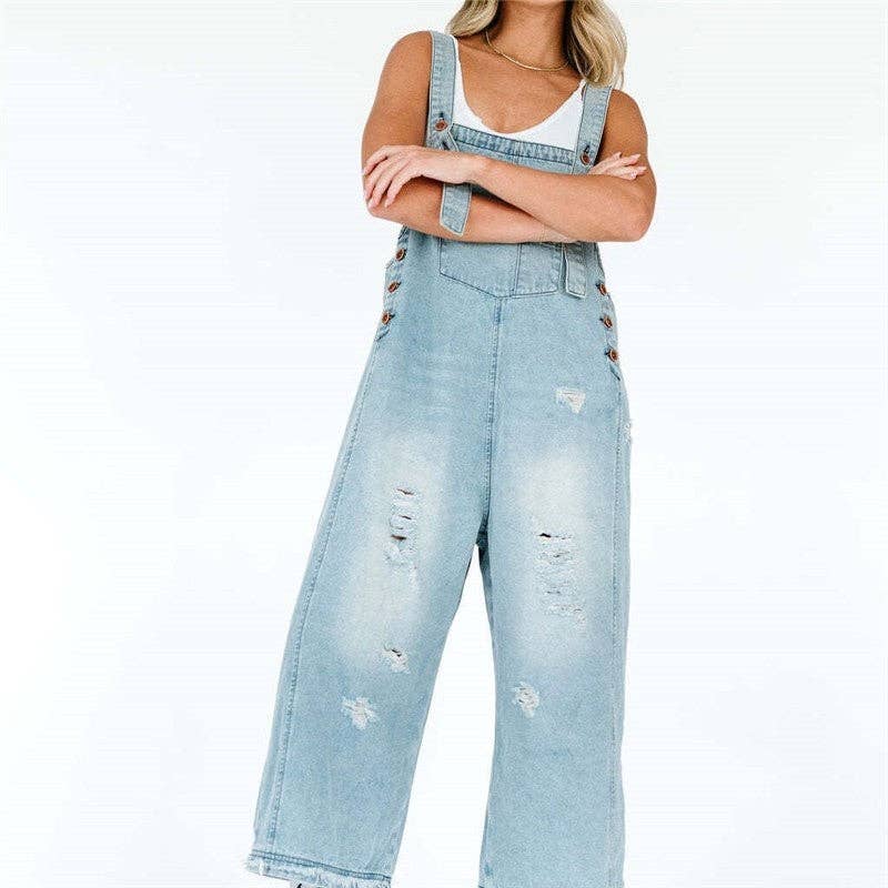 Sheer Trend – Engroshandel Overalls - Dame – Forvaskede løstsiddende denim overalls med brede ben0