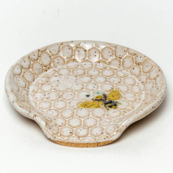 White Squirrel Clayworks - Wholesale Spoon Rest - Ceramic Spoon Rest- Honey Bee Pattern Handmade in Ohio