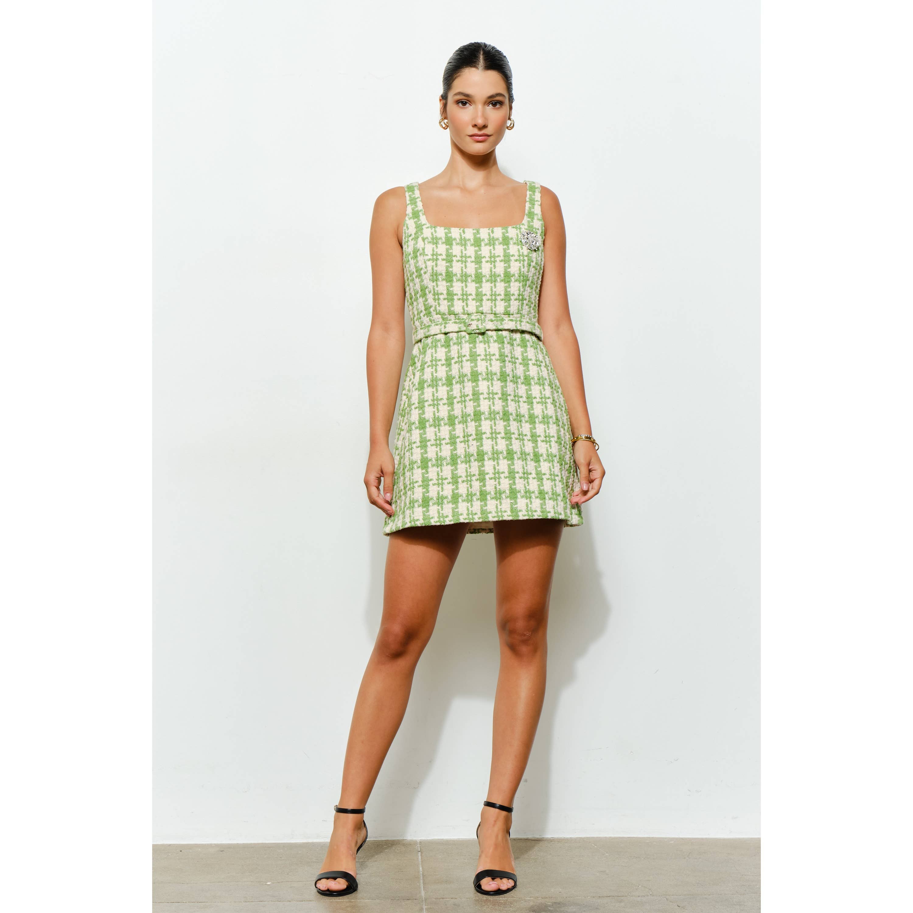 INA - Wholesale Dress - Women's - Check Tweed Brooch Detail Belted Mini Dress19