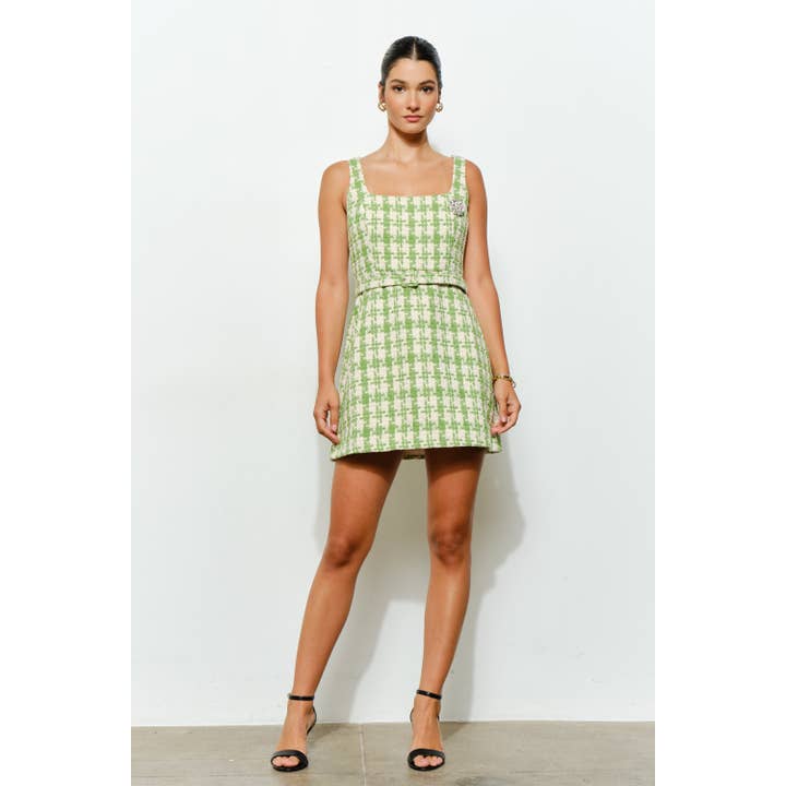 INA - Wholesale Dress - Women's - Check Tweed Brooch Detail Belted Mini Dress19