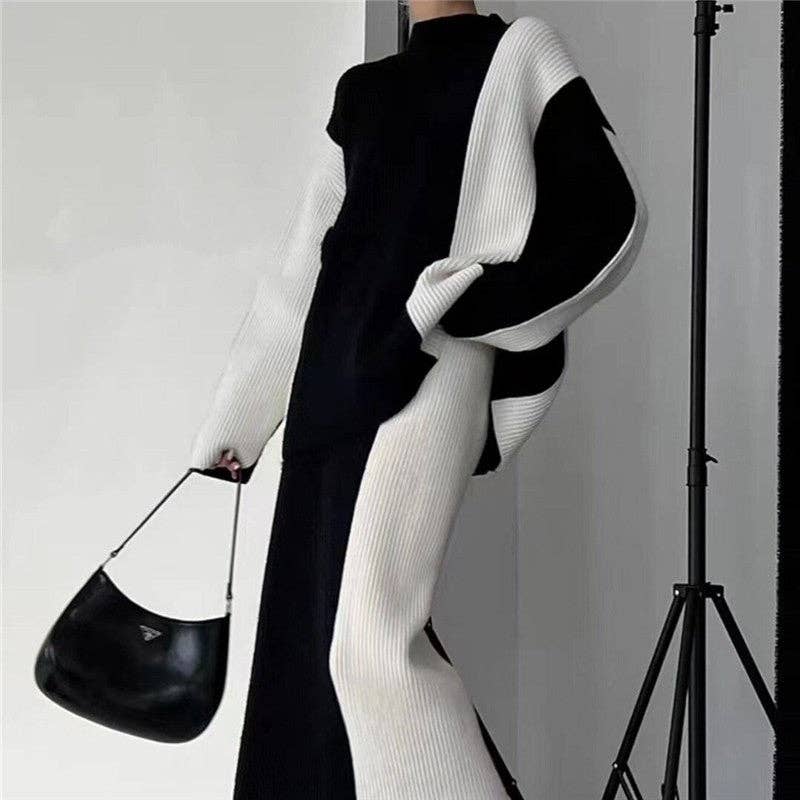 UZ Wholesale Store – wholesale Top & skirt set – Women's – Color Block High Neck Sweater And Skirt Set7