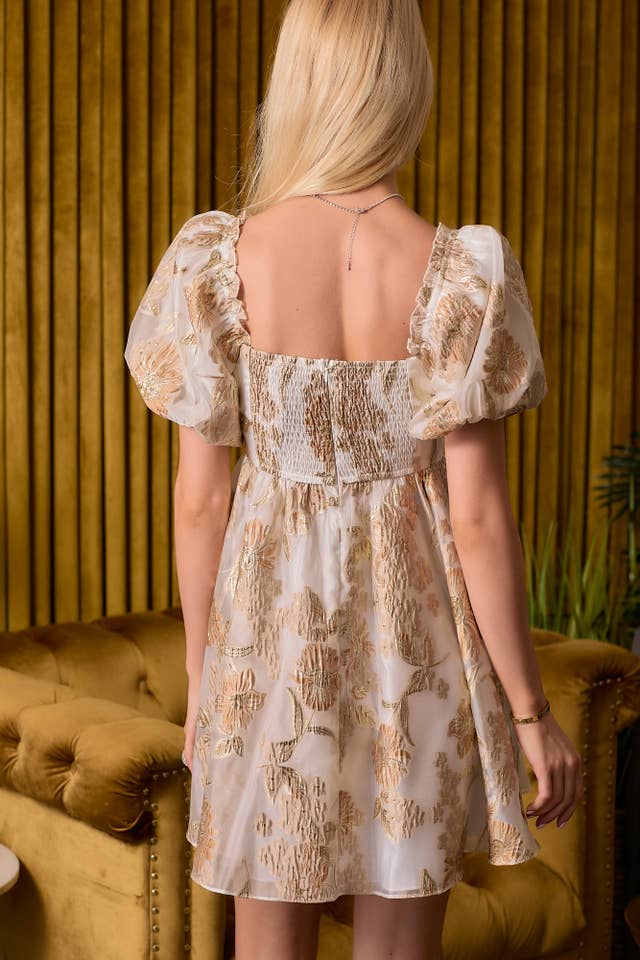 WHITE GOLD Lurex Jacquard Mini Puff Sleeve Dress for wholesale on Faire