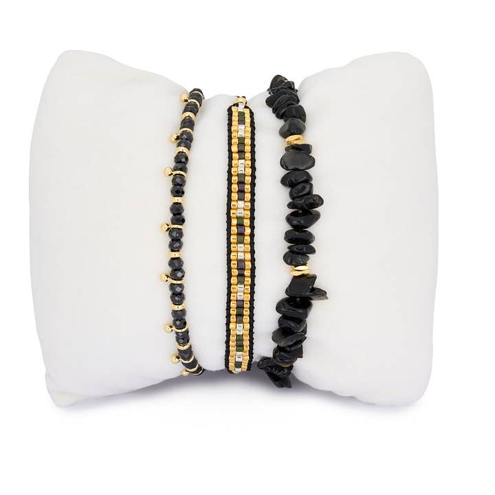 Tahiti Black Spinel Gold Bracelet Stack for wholesale by Boho Betty
