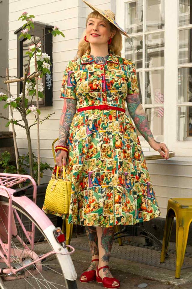 Dolly & Dotty - Wholesale Dress - Women's - Penelope II Yellow Rockabilly Comic Print Shirt Dress