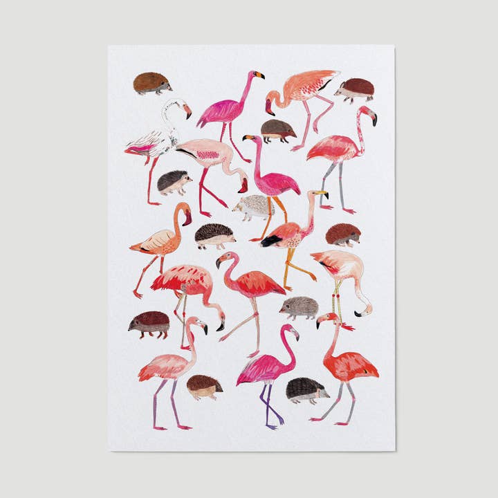 Flamingoes and Hedgehogs Art Print for wholesale by James Barker