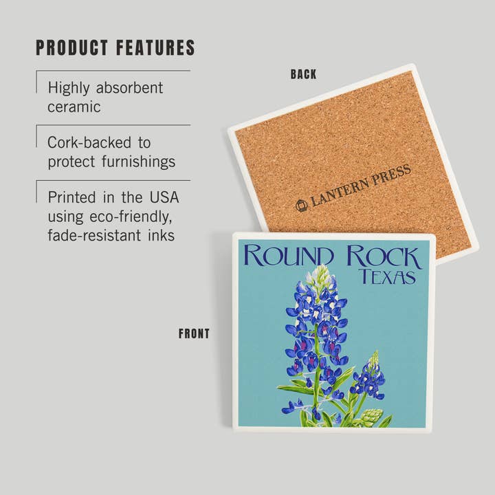 Lantern Press - Wholesale Coasters - CERAMIC COASTER Round Rock, Texas, Bluebonnet