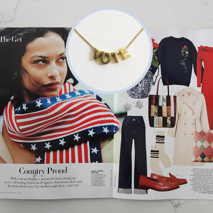 Sara Sela Jewelry - Wholesale Pendant/charm necklace - Block Letter VOTE Beaded Necklace in Brass with Ball Chain1