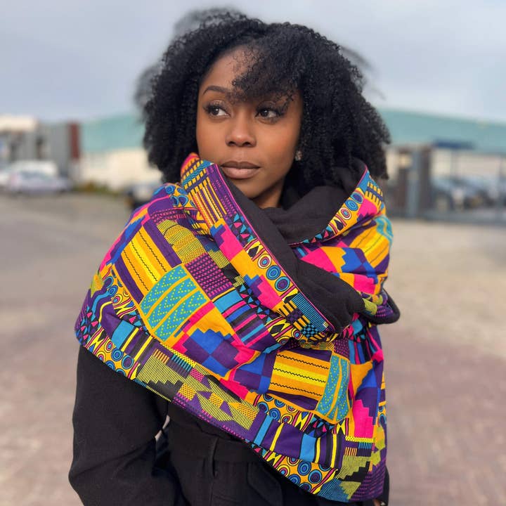 AfricanFabs – Cachecol - Mulher por atacado – Cachecol de Inverno com estampado africano para Adultos Unissexo - Kente multicolorido roxo1