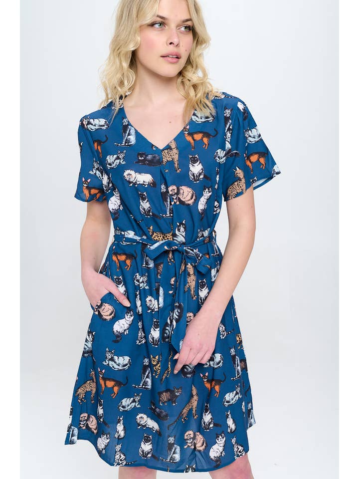SM WARDROBE - Wholesale Dress - Women's - ALL OVER CAT PRINT BLUE DRESS WITH POCKET