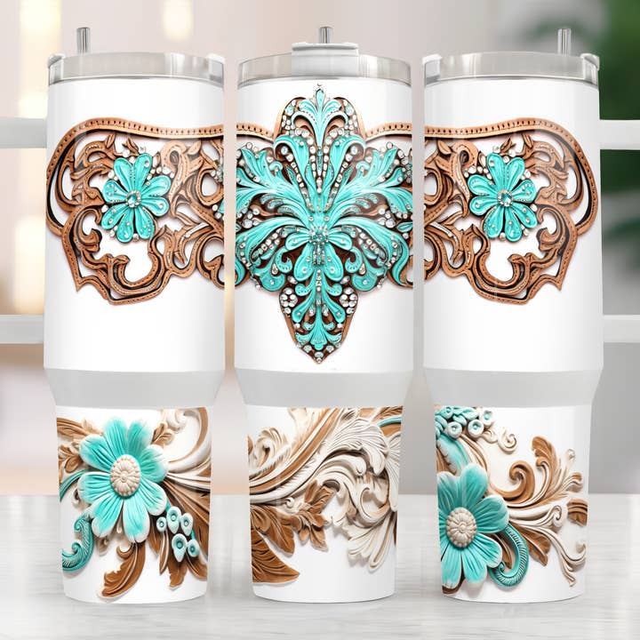 BICCHIERE DI DESIGN IN PELLE LAVORATA COLOR VERDE ACQUA DA 40 once per la vendita all'ingrosso da parte di Mama’s Grit and Grace